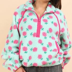 New In by Very J Boutique Mint Floral Sherpa Pullover Half Zip Jacket